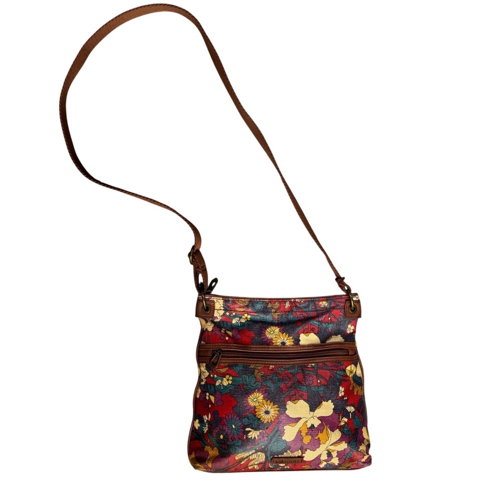 Sakroots Floral Coated Canvas Crossbody Bag Red Purple Boho Adjustable Strap
